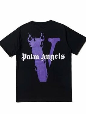 Palm Angels Black Short Sleeve Tee with Purple Flame 'V' Graphic